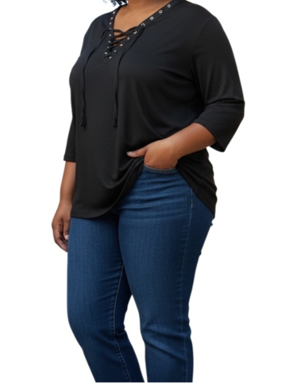 Bobeau 2X Black Lace Up Top 3/4 Sleeve Boho Blouse Plus Size